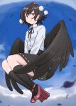  1girl arms_between_legs bangs bird_wings black_hair black_legwear black_neckwear black_ribbon black_skirt black_wings blue_sky blush closed_mouth clouds collared_shirt commentary_request day eyelashes feathered_wings feathers full_body hat highres light_smile lips long_sleeves nurupo_(abooon) pom_pom_(clothes) red_eyes red_footwear red_headwear ribbon ribbon-trimmed_skirt ribbon_trim shameimaru_aya shiny shiny_hair shirt short_hair skirt sky smile socks solo tokin_hat touhou v_arms white_shirt wing_collar wings 