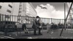  1boy 1girl absurdres anonamos artist_name bench blurry blurry_background building clouds commentary fence fish_tail gawr_gura greyscale highres hololive hololive_english letterboxed long_sleeves monochrome outdoors own_hands_clasped own_hands_together shark_tail sitting solid_circle_eyes tail trash_can virtual_youtuber yagoo 