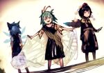  3girls adapted_costume antennae aqua_hair bad_id bad_pixiv_id bird_wings black_dress black_hair black_wings blue_bow blue_dress blue_hair blush book bow brown_eyes butterfly_wings cirno closed_mouth dress eternity_larva fairy feathered_wings hair_between_eyes hair_bow hat holding holding_book ice ice_wings leaf leaf_on_head multiple_girls open_mouth outstretched_arms pantacle pom_pom_(clothes) red_eyes red_headwear shameimaru_aya shirt short_hair smile spread_arms third-party_source tokin_hat touhou white_shirt wings 