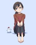  1girl absurdres barefoot black_hair black_pants blue_background closed_mouth full_body grey_eyes head_tilt highres long_hair long_sleeves muji_(uimss) no_pupils original pants ponytail red_sweater simple_background sitting snowman solo sweater symbol-only_commentary toes 