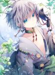  1boy blue_eyes character_mask ear_piercing grey_hair highres japanese_clothes kimono looking_to_the_side male_focus mask nail_polish open_clothes original pale_skin piercing ponixponi tanuki white_hair 