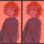  1girl border brown_border closed_eyes closed_mouth commentary dated_commentary eyebrows_visible_through_hair highres long_sleeves looking_at_viewer muji_(uimss) multiple_views orange_hair original pink_background purple_sweater short_hair sweater upper_body 