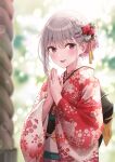  1girl :d bangs blurry blurry_background blurry_foreground blush braid commentary_request day depth_of_field earrings eyebrows_visible_through_hair floral_print flower furisode gloves hair_flower hair_ornament hairclip japanese_clothes jewelry kimono long_sleeves looking_at_viewer obi open_mouth original own_hands_together print_kimono rangu red_gloves red_kimono rope sash short_hair silver_hair smile solo wide_sleeves 