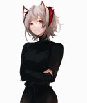  1girl alternate_costume antennae arknights bangs black_shirt commentary eyebrows_visible_through_hair gupipy highres horns long_sleeves looking_at_viewer parted_lips red_eyes shirt short_hair silver_hair simple_background smile solo upper_body w_(arknights) white_background 