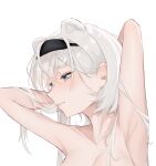  1girl absurdres animal_ears arknights armpits arms_behind_head arms_up aurora_(arknights) bangs bear_ears black_hairband blue_eyes breasts collarbone commentary hairband highres jingzi_kgm long_hair nude silver_hair simple_background solo upper_body white_background 