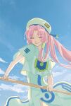  aria aria_company_uniform blue_sky closed_eyes clouds cloudy_sky dress hair_intakes hair_tubes highres kiri_meee long_hair mizunashi_akari pink_hair sky upper_body wind 