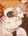  1boy 2022 ^_^ animal blonde_hair border bracelet brown_background chinese_zodiac closed_eyes closed_mouth clothed_animal eyelashes facing_viewer fangs floral_background freckles gokotai gokotai&#039;s_tigers hair_over_one_eye happy hug japanese_clothes jewelry kimono light_smile long_sleeves male_focus new_year one_eye_covered open_mouth polka_dot shawl tiger touken_ranbu unmoving_pattern upper_body white_tiger year_of_the_tiger yukko7474 