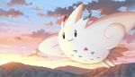  black_eyes closed_mouth clouds commentary_request flying illustration_room_nagi mountainous_horizon no_humans outdoors pokemon pokemon_(creature) sky smile solo sunset togekiss twilight 