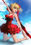  1girl absurdres ahoge aki_take_ breasts dress fate/extra fate/grand_order fate_(series) flower frilled_dress frills green_eyes hair_flower hair_ornament highres large_breasts looking_at_viewer modern_costume_of_crimson nero_claudius_(fate) nero_claudius_(fate)_(all) red_dress saber_extra 