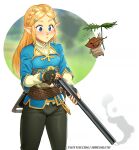  1girl absurdres artist_name blonde_hair blue_eyes blush commentary cowboy_shot english_commentary fingerless_gloves gloves gun highres long_hair mathias_leth pointy_ears princess_zelda reloading sheikah_slate shotgun shotgun_shell solo the_legend_of_zelda the_legend_of_zelda:_breath_of_the_wild twitter_username watermark weapon 