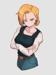  1girl android_18 blonde_hair blue_eyes crossed_arms dragon_ball dragon_ball_z grey_background kemachiku long_hair long_sleeves looking_at_viewer short_hair simple_background solo 
