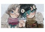  2girls bibi-chan_(ebimomo) black_hair black_shirt blue_eyes blue_hair blue_neckerchief border brown_scarf closed_mouth ebimomo enpera glasses grey_hair grin hands_up heads_together highres interlocked_fingers long_sleeves looking_at_viewer medium_hair mittens mole mole_under_eye multicolored_hair multiple_girls neckerchief one_eye_closed original pink_scarf red_neckerchief round_eyewear scarf school_uniform screw_in_head serafuku shirt short_hair smile snow snowing stitched_face stitches sweater two-tone_hair waving white_border white_sweater winter 