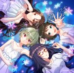  4girls ahoge album_cover aqua_eyes black_hair blonde_hair blue_eyes brown_hair cover cue! dress eniwa_airi glasses green_hair grey_hair hair_between_eyes hair_ornament highres kamuro_aya kano_shiho long_hair looking_at_viewer multiple_girls official_art orange_eyes red_eyes short_hair side_ponytail smile sundress utsugi_satori yellow_eyes 