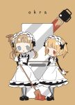  2girls :d :o apron bangs black_bow black_dress black_footwear black_legwear blonde_hair blood blood_on_hands blood_on_weapon blue_eyes blue_ribbon blunt_bangs blush_stickers bow broom chainsaw dress eye_contact facing_viewer frilled_apron frills from_side full_body hairband hand_on_own_chest hand_up hands_up holding holding_broom juliet_sleeves light_brown_hair lolita_hairband long_hair long_sleeves looking_at_another looking_to_the_side low_twintails maid maid_apron multiple_girls neck_ribbon no_nose no_pupils original pantyhose parted_lips puffy_sleeves red_eyes refrigerator ribbon ribbon-trimmed_hairband ribbon_trim shoes short_hair short_twintails simple_background sleeve_cuffs smile standing straight-on tan_background tareme twintails weapon white_apron white_hairband wrist_extended yandere yukihi 