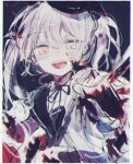  1girl blood blood_on_clothes blood_on_face blood_splatter bow bunny_hair_ornament grey_eyes hair_ornament hairclip hat kino-cands original pale_skin purple_hair ribbon smile twintails 