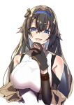 1girl absurdres arm_warmers bangs bare_shoulders blue_eyes breasts e_sky_rugo finger_to_own_chin girls_frontline gloves hair_flaps highres large_breasts long_hair mod3_(girls&#039;_frontline) mole mole_under_eye open_mouth revision sidelocks sleeveless smile solo super_sass_(girls&#039;_frontline) very_long_hair