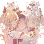  3girls animal_ears animal_hands bai_(granblue_fantasy) betabeet blonde_hair blue_hair catura_(granblue_fantasy) cidala_(granblue_fantasy) cow cow_hat eyebrows_visible_through_hair fang gloves granblue_fantasy happy_new_year huang_(granblue_fantasy) hug laolao_(granblue_fantasy) multiple_girls new_year open_mouth paw_gloves red_eyes silver_hair simple_background sparkle tiger tiger_paws v white_background 