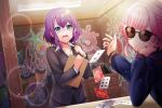  blue_eyes blush d4dj dress hidaka_saori purple_hair short_hair smile 