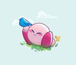  bird blue_bird blush bug butterfly closed_eyes clouds cloudy_sky commentary daycolours english_commentary grass kirby kirby_(series) sky smile wings 