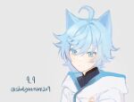  1boy animal_ears artist_name blue_eyes blue_hair cat_boy cat_ears chongyun_(genshin_impact) genshin_impact looking_to_the_side male_focus pale_skin signature tia_(tia_1207) 