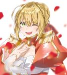  1girl aestus_estus ahoge blonde_hair braid breasts cleavage commentary_request dress epaulettes fate/extra fate/grand_order fate_(series) french_braid green_eyes hair_intakes hair_ribbon juliet_sleeves large_breasts long_sleeves nero_claudius_(fate) nero_claudius_(fate)_(all) open_mouth pokaririri_ puffy_sleeves red_dress red_ribbon ribbon saber_extra see-through solo wide_sleeves 