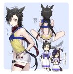  2girls afterimage air_shakur_(umamusume) animal_ears asymmetrical_bangs asymmetrical_hair back_tattoo backless_outfit bangs bare_shoulders black_hair blue_neckerchief border bracer brown_hair commentary_request denim denim_shorts eyebrow_piercing flat_chest from_behind from_side hair_over_one_eye hand_on_hip horse_ears horse_girl horse_tail long_hair looking_at_viewer multiple_girls multiple_views neckerchief piercing puffy_short_sleeves puffy_sleeves purple_shirt rice_shower_(umamusume) sailor_collar school_uniform shirt short_sleeves shorts sitting skirt tail tail_wagging tan_(inka) tattoo thigh_strap tracen_school_uniform translation_request umamusume white_border white_shorts white_skirt wing_tattoo yellow_eyes 