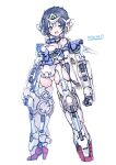  1girl black_hair boots breasts clenched_hands extra_arms green_eyes gundam gundam_00 gundam_exia highres mecha_musume mechanical_arms medium_breasts metal_boots open_hands open_mouth personification rondo_bell short_hair smile solo standing thigh-highs thigh_boots v-fin 