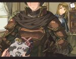  1boy 1girl 1other ? arm_belt armor bad_id bad_pixiv_id bangs belt black_cloak blonde_hair blue_capelet blue_dress blush book bookshelf bow box breastplate breasts brooch brown_belt brown_gloves brown_hair buckle capelet cloak closed_mouth couch curtains defender_(elona) dress elona gauntlets gift gift_box gloves gold_trim golden_knight_(elona) green_eyes harusame_(rueken) head_out_of_frame head_tilt high_collar holding holding_gift indoors jewelry letterboxed long_hair long_sleeves looking_at_another medium_breasts mirror no_sclera out_of_frame parted_lips pauldrons plant potted_plant shiny shiny_hair short_hair shoulder_armor smile spoken_question_mark standing striped striped_bow sweatdrop translation_request tree upper_body window 