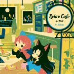  2girls album_cover animal_ears animal_print black_dress black_eyes blue_bow blue_dress blush bow brooch brown_hair cake cake_slice capelet cat_print chair closed_eyes cover cup dress drinking eyebrows_visible_through_hair food fork hair_bow holding holding_cup imaizumi_kagerou jewelry long_hair looking_at_another mug multiple_girls open_mouth pancake plant plate potted_plant red_capelet redhead sekibanki shinonoko sitting table touhou wolf_ears 