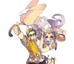  1boy 3girls alternate_costume animal_ears animal_hands ass bangs blush camisole collared_shirt commentary_request crown facial_hair foot_out_of_frame gloves goatee grey_hair grin hawaiian_shirt heterochromia highres lazy_(ragnarok_online) light_brown_hair long_hair looking_at_viewer mil_(xration) multiple_girls nemma open_mouth panno panties paw_gloves pope_(ragnarok_online) purple_hair ragnarok_online red_eyes shirt short_hair simple_background smile socks sparkle sunglasses thumbs_up underwear upper_body upside-down violet_eyes white_background white_camisole white_legwear white_panties white_shirt yellow_shirt 