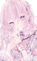  1girl blush cherry_blossoms corset_piercing ear_piercing earrings floral_print flower hair_flower hair_ornament highres jewelry lolita_fashion nail_polish original own_hands_together pale_skin petals piercing pink_eyes pink_hair pink_theme remimim smile violet_eyes 