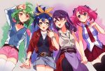  4girls :d ahoge belt blue_hair bow bracelet_girls choker closed_eyes earrings fingerless_gloves gloves green_eyes green_hair hair_bow hiiragi_yuzu holding holding_hands jacket jewelry kurosaki_ruri multicolored_hair multiple_girls necktie open_mouth pink_eyes pink_hair ponytail purple_hair quadruplets rin_(yuu-gi-ou_arc-v) serena_(yuu-gi-ou_arc-v) short_twintails simple_background sleeveless smile suke_(pixiv12123823) twintails two-tone_hair white_background yellow_eyes yu-gi-oh! yu-gi-oh!_arc-v yuu-gi-ou yuu-gi-ou_arc-v zipper 