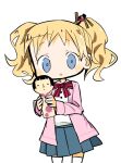  1girl :o alice_cartelet bangs blonde_hair blue_eyes blue_skirt blush_stickers bow bowtie cardigan cowboy_shot doll hair_ornament hairpin hands_up holding holding_doll holding_toy kin-iro_mosaic kokeshi long_hair long_sleeves looking_at_viewer miniskirt no_nose open_cardigan open_clothes parted_lips pink_cardigan pleated_skirt purple_bow purple_bowtie red_bow red_bowtie school_uniform shirt shirt_tucked_in short_bangs simple_background skirt solo striped striped_bow striped_bowtie tareme thigh-highs toy wavy_hair white_background white_legwear white_shirt yukihi zettai_ryouiki 