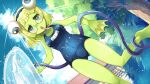  1girl anura_(monster_musume) artist_request bangs blonde_hair blue_hairband blush clouds colored_skin competition_school_swimsuit extra_eyes frog_girl full_body game_cg glasses green_eyes green_skin hairband holding holding_hose hose long_tongue looking_at_viewer monster_girl monster_musume_no_iru_nichijou monster_musume_no_iru_nichijou_online official_art open_mouth outdoors solo swimsuit tongue tree water webbed_hands wet 
