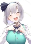  1girl amisu blush buttons closed_eyes collared_shirt eyebrows_visible_through_hair facing_viewer green_vest hair_between_eyes heart heart_hands highres hitodama konpaku_youmu konpaku_youmu_(ghost) long_sleeves open_mouth shirt short_hair silver_hair simple_background smile solo touhou upper_body vest white_background white_shirt 