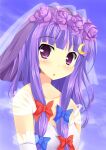  1girl alternate_costume bangs blunt_bangs blush bow breasts bridal_veil commentary_request cookie_(touhou) crescent crescent_hair_ornament dress eyebrows_visible_through_hair flower hair_bow hair_flower hair_ornament highres long_hair looking_at_viewer medium_breasts multi-tied_hair open_mouth patchouli_knowledge purple_flower purple_hair red_bow solo szk taisa_(cookie) touhou upper_body veil violet_eyes wedding_dress 