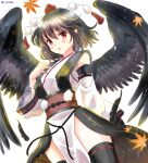  1girl arm_at_side arm_up autumn_leaves bangs bird_wings black_hair black_legwear black_skirt black_wings blush breasts collarbone commentary_request cross-laced_clothes eyebrows_visible_through_hair feathered_wings feet_out_of_frame hair_between_eyes hajike_akira hat highres japanese_clothes kourindou_tengu_costume large_breasts lips long_sleeves looking_at_viewer miniskirt obi obijime official_alternate_costume one-hour_drawing_challenge open_mouth pelvic_curtain pointy_ears pom_pom_(clothes) red_ribbon ribbon ribbon-trimmed_clothes ribbon-trimmed_legwear ribbon-trimmed_skirt ribbon_trim sarashi sash shameimaru_aya shiny shiny_hair short_hair sidelocks simple_background skirt solo standing thigh-highs thighs tokin_hat touhou white_background white_sleeves wide_sleeves wings zettai_ryouiki 