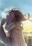  1girl absurdres beige_jacket blonde_hair blue_sky blush clouds highres jacket long_hair long_sleeves looking_up mask mouth_mask open_mouth original outdoors scarf sky solo standing sun sunrise tsujin_bohboh violet_eyes 