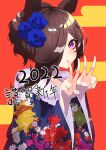  1girl 2022 absurdres alternate_hairstyle animal_ears bangs blue_flower blue_kimono blue_rose brown_hair commentary_request double_v floral_print flower fur-trimmed_kimono fur_trim guriguri hair_flower hair_ornament hair_over_one_eye hands_up highres horse_ears japanese_clothes kimono light_blush long_hair new_year rice_shower_(umamusume) rose solo two-tone_background umamusume unmoving_pattern upper_body v violet_eyes 