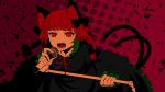  1girl absurdres animal_ear_fluff animal_ears arano_oki black_bow black_dress bow braid cat_ears cat_tail dress fang highres holding holding_microphone holding_microphone_stand kaenbyou_rin microphone microphone_stand multiple_tails open_mouth petals red_background red_eyes redhead screaming simple_background solo tail touhou twin_braids two_tails 