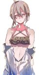  1girl absurdres ahoge bare_shoulders bikini black_bikini closed_mouth commentary cowboy_shot dot_mouth e_sky_rugo frilled_bikini frills girls_frontline grey_hair head_tilt highres jacket jacket_partially_removed looking_at_viewer m200_(girls&#039;_frontline) multi-strapped_bikini navel ponytail revision simple_background solo swimsuit white_background white_jacket 