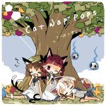  3girls ^_^ ^o^ against_tree album_cover album_name alternate_costume animal_ear_fluff animal_ears arm_support arm_up bangs bare_arms bare_shoulders barefoot bell black_bow black_ribbon blue_sailor_collar blue_shorts blunt_bangs border bow braid brown_hair cat_ears cat_girl cat_tail chen closed_eyes cover dappled_sunlight day dress elbow_rest english_text extra_ears eyebrows_visible_through_hair facing_viewer finger_to_mouth frilled_sleeves frills from_side full_body goutokuji_mike grass green_headwear grin hair_bow hand_to_own_mouth hand_up hat head_tilt highres hitodama index_finger_raised jingle_bell kaenbyou_rin lap_pillow long_hair looking_at_viewer low_twintails lying matching_outfit mob_cap multiple_girls multiple_tails neck_ribbon nekomata no_nose no_pupils on_grass on_ground on_side one_eye_closed open_mouth outdoors pointy_ears puffy_short_sleeves puffy_shorts puffy_sleeves redhead ribbon rounded_corners sailor_collar sailor_dress shirt short_hair short_sleeves shorts shushing single_tear sitting skull sleeping sleepy sleeveless sleeveless_dress smile sunlight tail tail_raised touhou trait_connection tree tree_shade twin_braids twintails two_tails u_u under_tree violet_eyes white_border white_dress white_hair white_shirt yawning yokozuwari yukihi 