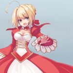  1girl aestus_estus ahoge blonde_hair braid breasts cleavage commentary_request dress epaulettes fate/extra fate/grand_order fate_(series) french_braid green_eyes hair_intakes hair_ribbon juliet_sleeves large_breasts long_sleeves nekotani_nora nero_claudius_(fate) nero_claudius_(fate)_(all) open_mouth puffy_sleeves red_dress red_ribbon ribbon saber_extra see-through solo wide_sleeves 