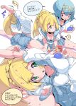  2girls bangs blonde_hair blue_hair blunt_bangs braid chris_(mario) freckles green_eyes hairband high_ponytail highres lana_(pokemon) lillie_(pokemon) long_hair multiple_girls no_sclera one-piece_swimsuit pokemon short_hair swimsuit swimsuit_under_clothes translation_request twin_braids yellow_hairband 