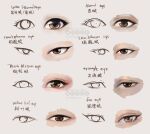  brown_eyes chinese_text commentary english_commentary english_text eye_focus eyelashes grey_background looking_at_viewer original simple_background zelda_c_wang 
