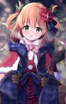  1girl alternate_costume blurry blurry_background blush brown_hair gloves green_eyes hair_ornament hair_rings highres looking_at_viewer open_mouth portrait pov princess_connect! rino_(princess_connect!) scarf snowing solo syurimp 