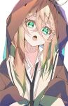  1girl black_necktie blush braid e_sky_rugo fang green_eyes head_tilt highres hood hood_up hooded_jacket jacket long_hair looking_at_viewer necktie open_clothes open_jacket open_mouth original pink_hair pointy_ears simple_background skin_fang solo white_background 