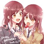  2girls absurdres beige_sweater blue_neckwear brown_eyes brown_hair collared_shirt eyebrows_visible_through_hair from_above gradient gradient_background grey_jacket hair_between_eyes hands_clasped happy_birthday highres idolmaster idolmaster_shiny_colors jacket long_hair looking_at_viewer multiple_girls oosaki_amana oosaki_tenka open_mouth own_hands_together plaid plaid_skirt pleated_skirt ri9nee school_uniform shirt siblings sidelocks skirt standing straight_hair striped striped_neckwear twins white_shirt 