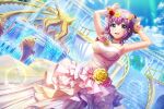  armpits blue_eyes blush d4dj dress hidaka_saori purple_hair short_hair smile 