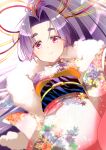  1girl alternate_costume breasts floral_print hatsuharu_(kancolle) highres hikimayu japanese_clothes kantai_collection kimono kimura_shiki long_hair looking_at_viewer obi ponytail print_kimono purple_hair sash small_breasts solo violet_eyes white_kimono 